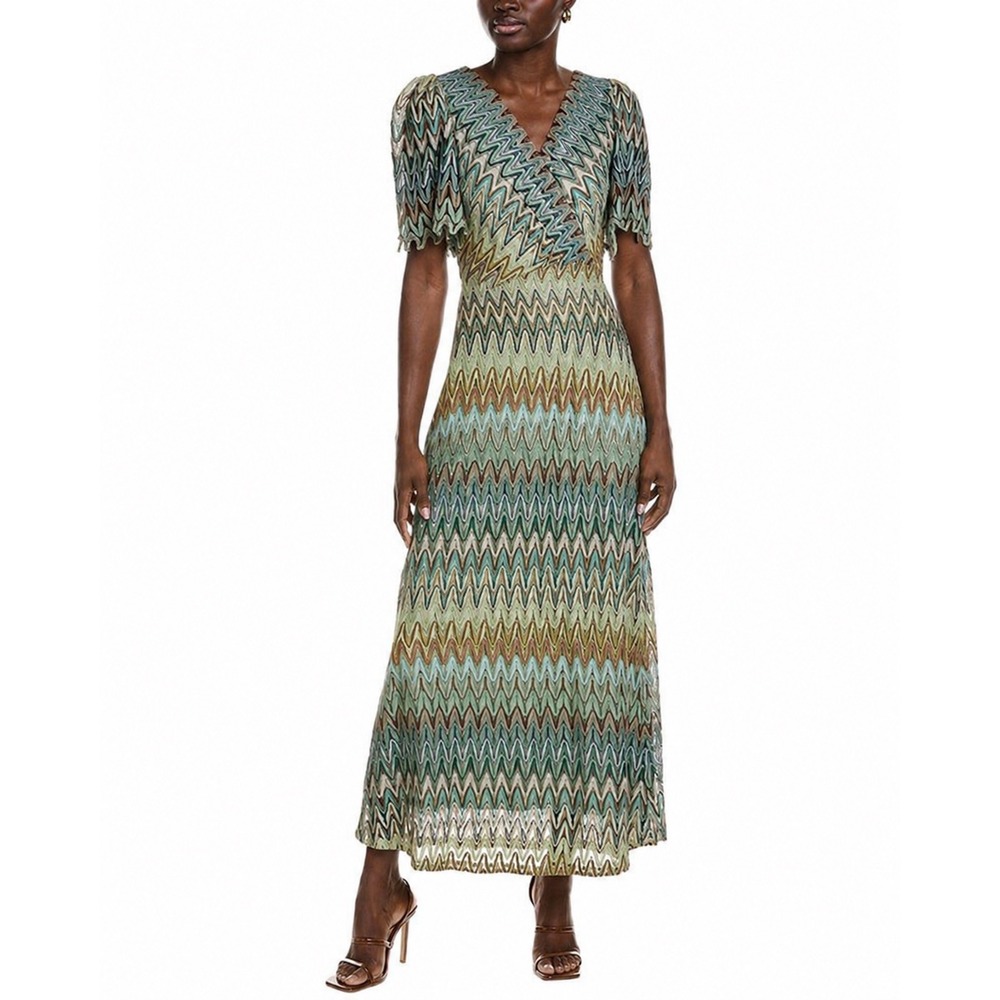Maison Tara Chevron Crochet Knit Maxi Dress Metallic V-Neck Multi-Color Size 14